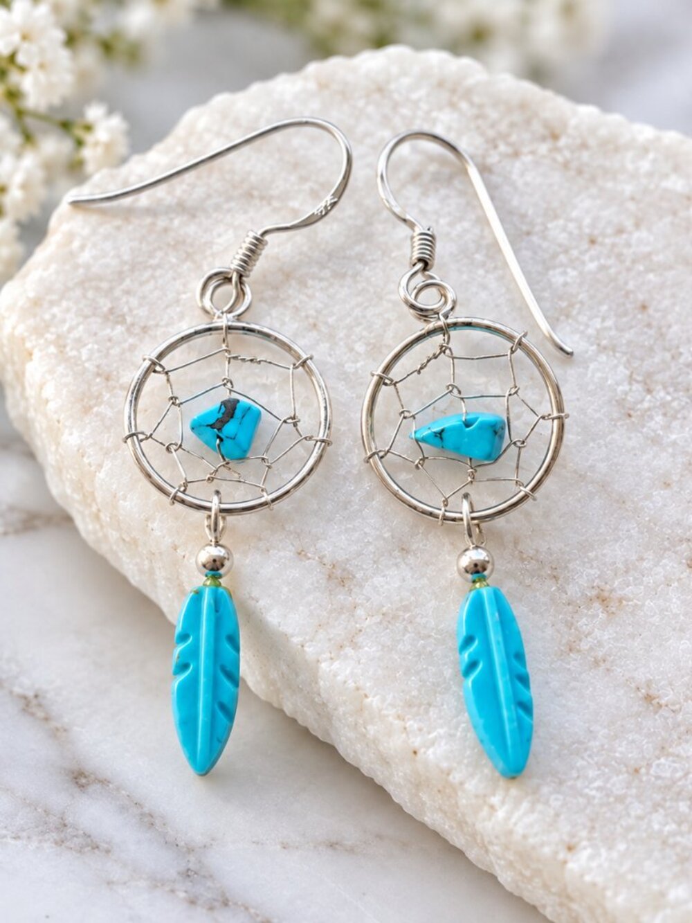 925 Sterling Silver Turquoise Dreamcatcher Dangle Earrings